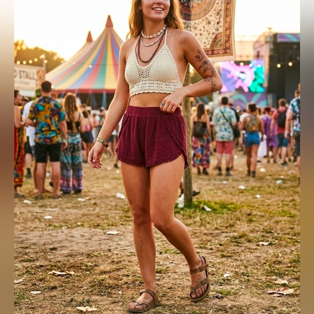 Streetwear Society Boho Festival Pom Pom Burgundy Shorts